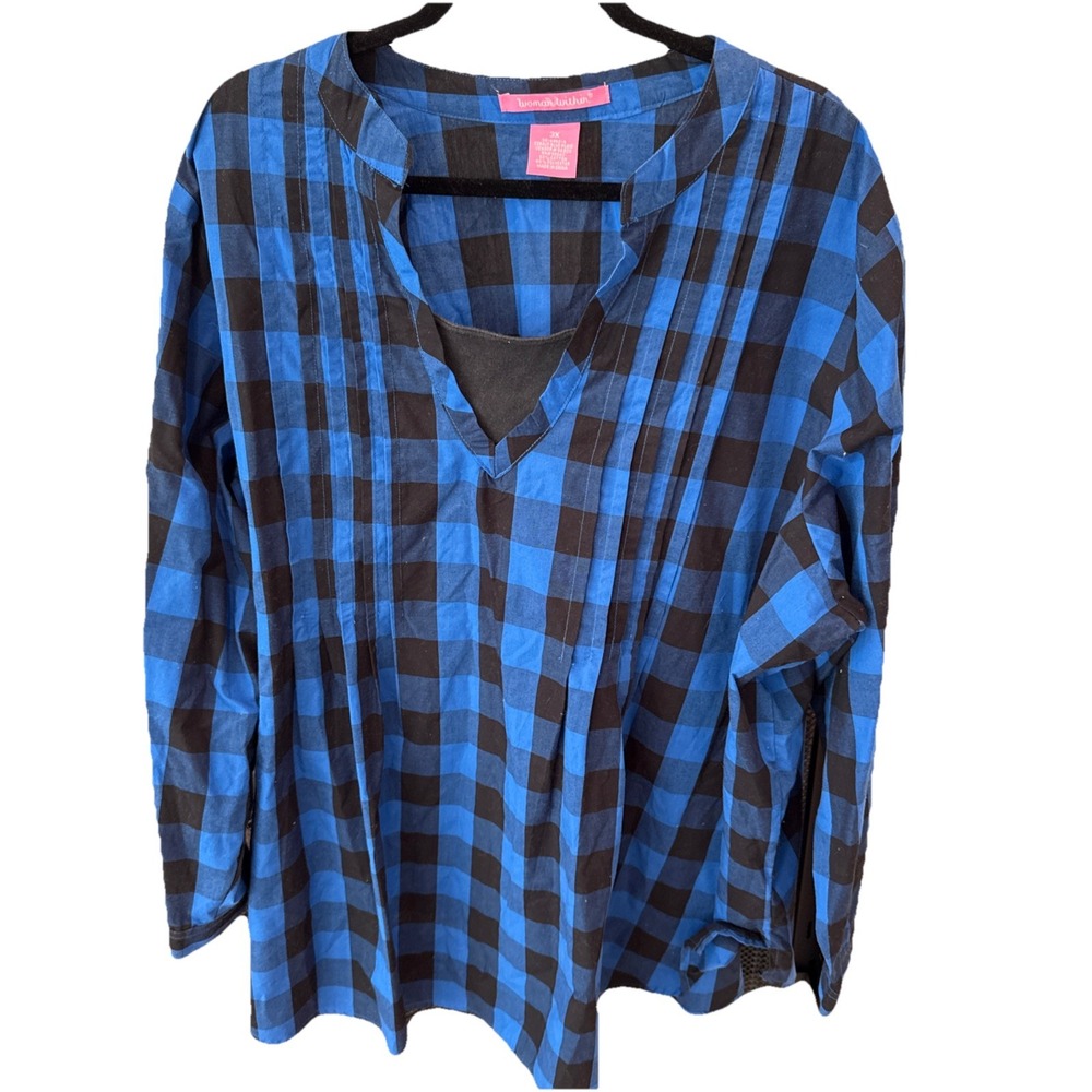 Woman Within‎ Blouse 3X Blue Buffalo Plaid Button Up Pin Tuck Long Sleeve Preppy